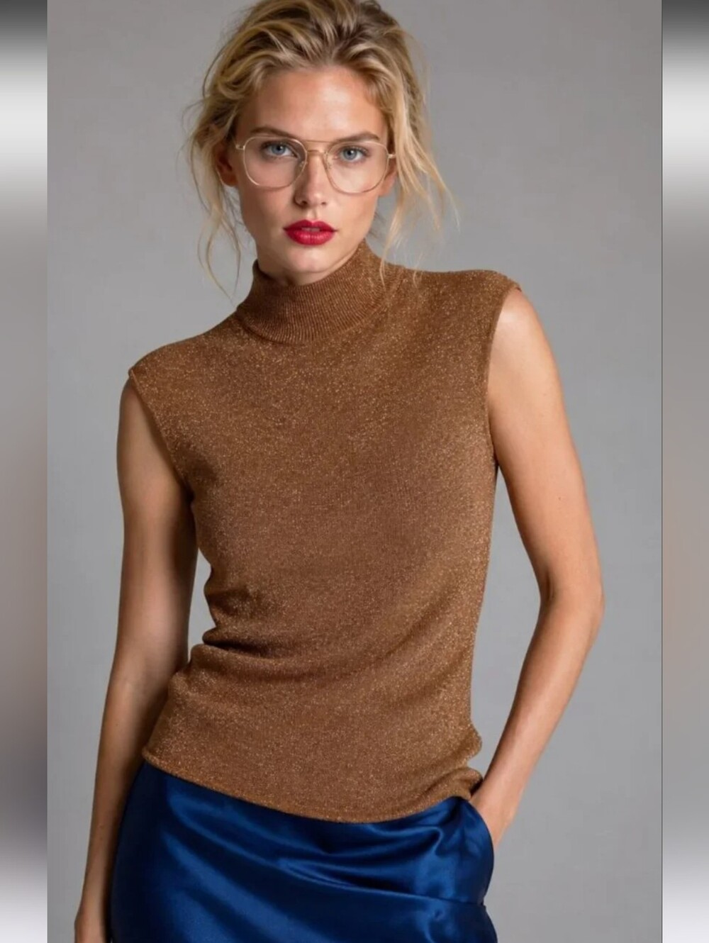 Coldwater Creek Silk Metallic Mock Neck Sleeveless Top Small Copper Bronze